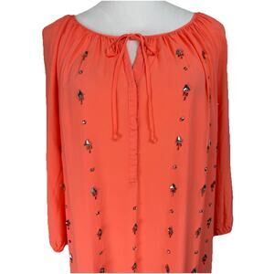 JCP Women’s Top Tunic L Coral Rhinestones 3/4 Sleeves Lightweight Flowy Beach